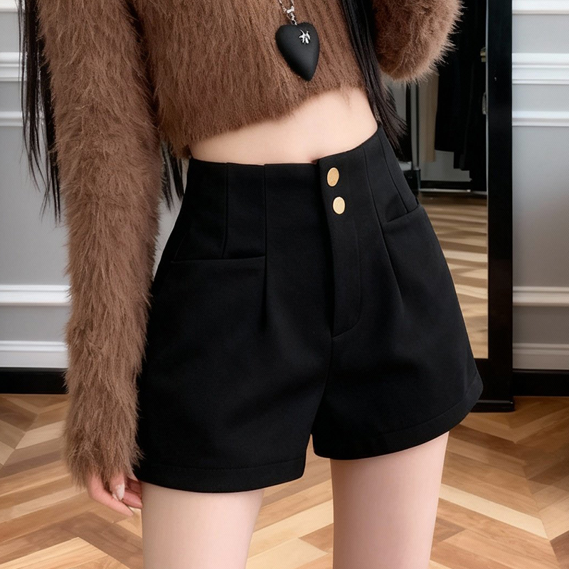 MY15057# 高腰西装短裤女外穿辣妹配靴子黑色a字毛呢阔腿靴裤女裝貨源...