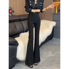 批发黑色时尚气质双排六扣微喇叭休闲<b class='q'>裤</b>女2026秋季新款高腰<b class='q'>弹力</b>马蹄<b class='q'>裤</b>