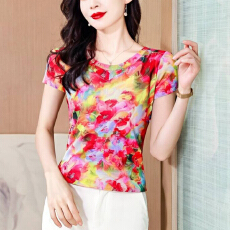 实拍2026夏季时尚纱网印花短袖圆领修身显瘦洋气上衣潮