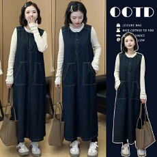 批发大货秋冬加厚<b class='q'>牛仔</b>背心<b class='q'>连衣裙</b>+针织衫上衣宽松显瘦孕妇两件套