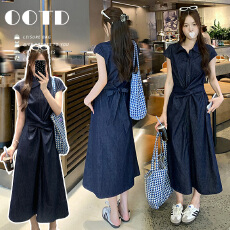 复古老钱风交叉扭花绑带牛仔孕妇连衣裙夏季显瘦短袖休闲翻领长裙