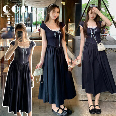 夏季温柔风蕾丝花边拼接孕妇连衣裙 新款设计感松紧腰显瘦长裙