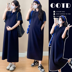 批发实拍新款休闲风短袖孕妇连衣裙夏季宽松<b class='q'>中长款</b>显瘦减龄高级感裙子