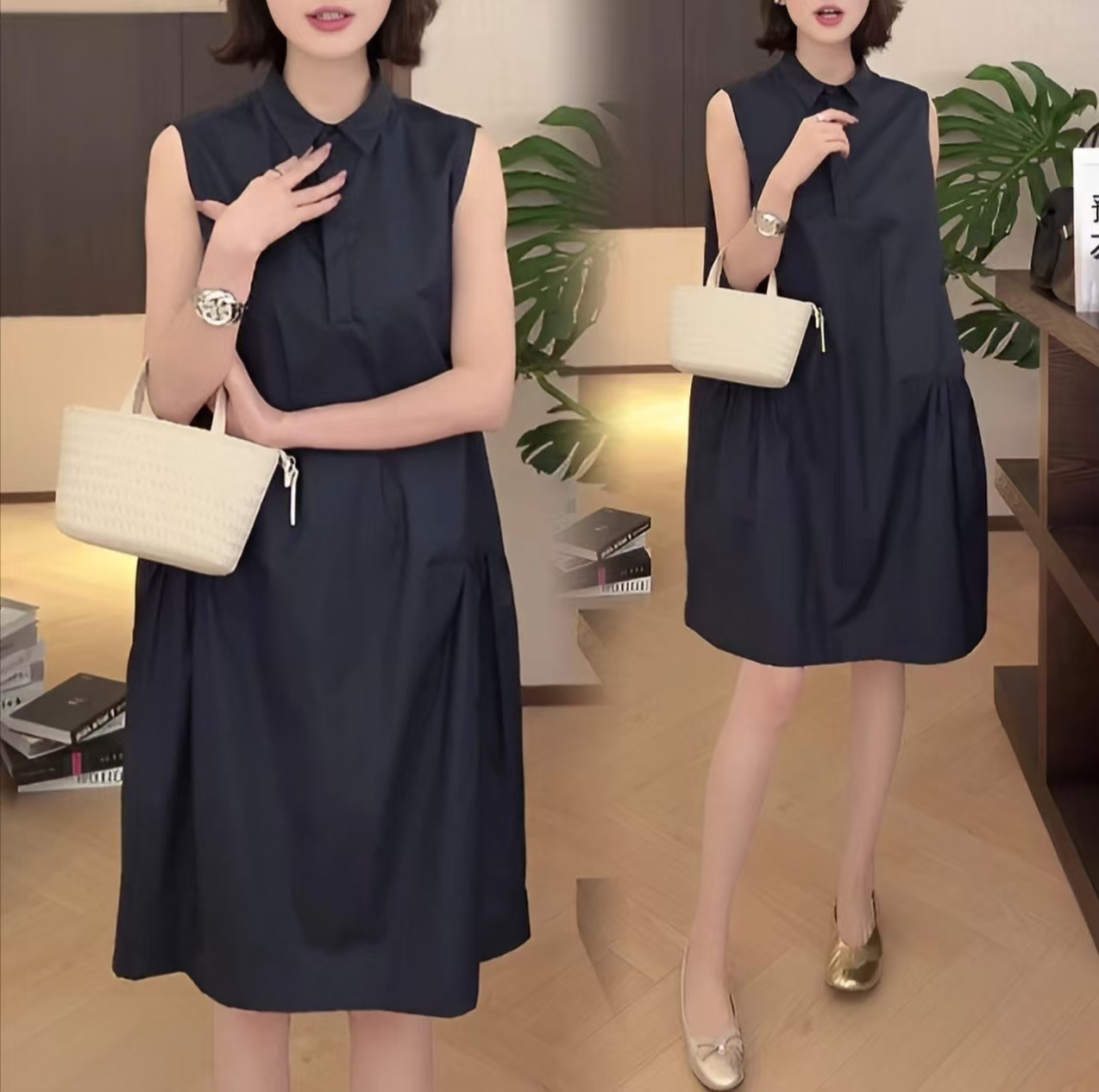 여름 새로운 익스트림 제인 바람 캐주얼 셔츠 폴로 칼라 주름 민소매 디자인 센스 작은 대중 빅 사이즈 임산부 드레스