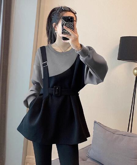 페이크 레이어드 패치워크 색상 라운드 넥 후드티 여성 디자인 센스 패션 캐주얼 허리 수축 맨위 가을 2026 새로운 유럽 역