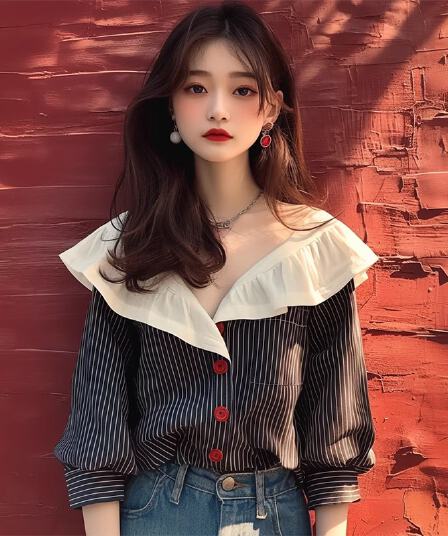 2026 봄 가을 새로운 여성 셔츠 폭발 작은 대중 Chic 고급 센스 한 부서 연령 감소 흑백 줄무늬 패치워크 맨위