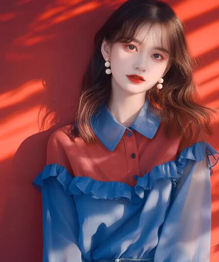 한 부서 chic Chic 맨위 작은 대중 디자인 센스 고유 한 외국 가스 세련된 품격 파란색 패치워크 쉬폰 여성 셔츠