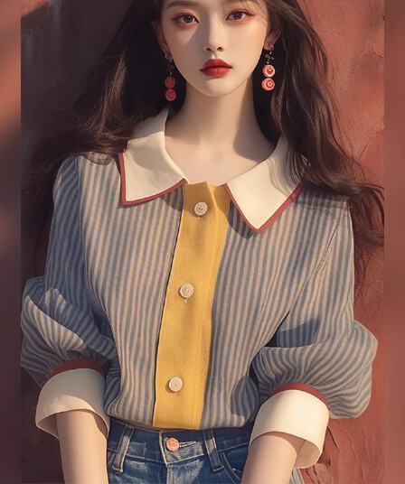 봄 가을 2026 새로운 작은 대중 고유 한 Chic 외국 가스 루즈핏 슬림해 보이는 한 부서 연령 감소 아름다운 패치워크 스트라이프 셔츠
