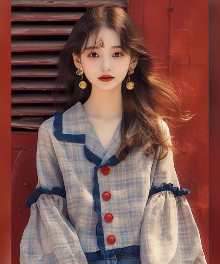 2026 봄 가을 새로운 프랑스식 고유 한 Chic 맨위 패션 외국 가스 연령 감소 달콤함 파란색 패치워크 격자 무늬 셔츠
