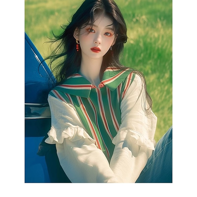 이른 봄 새로운 폭발 셔츠 작은 대중 한 부서 외국 가스 연령 감소 슈퍼 잘 생긴 녹색 스트라이프 패치워크 베이비 칼라 맨위