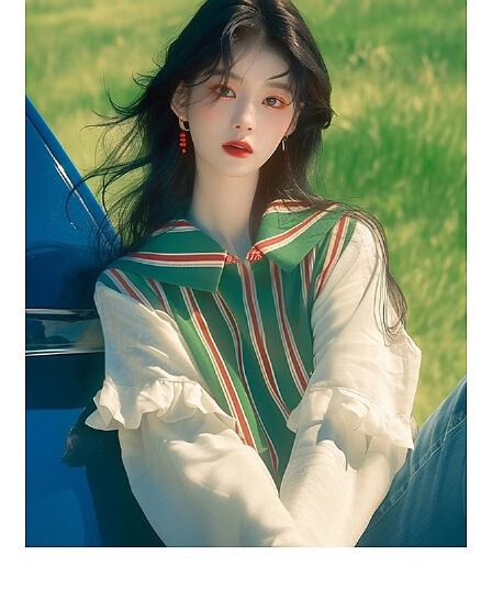 이른 봄 새로운 폭발 셔츠 작은 대중 한 부서 외국 가스 연령 감소 슈퍼 잘 생긴 녹색 스트라이프 패치워크 베이비 칼라 맨위
