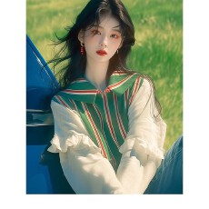 批发早春新款爆款<b class='q'>衬衣</b>小众韩系洋气减龄超好看绿色条纹拼接<b class='q'>娃娃领</b>上衣