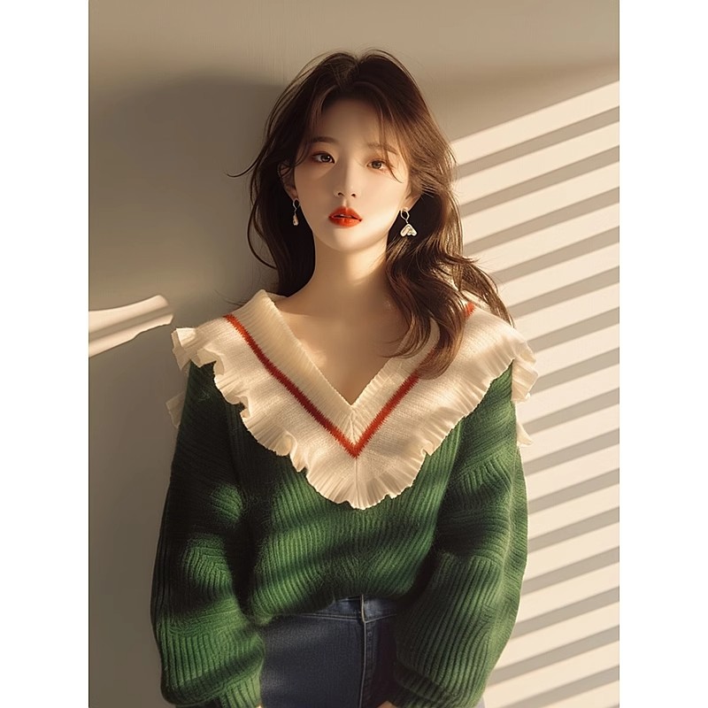 고유 한 외국 가스 디자인 센스 맨위 작은 키 한 부서 연령 감소 슈퍼 잘 생긴 녹색 프릴 V넥 니트 스웨터