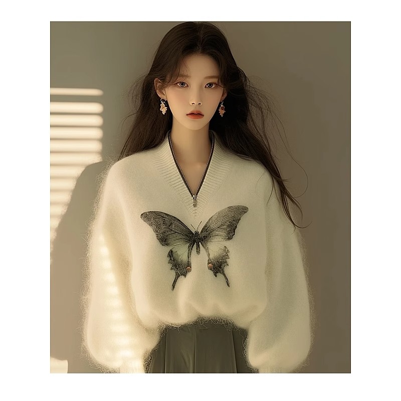 봄 가을 새로운 폭발 스웨터 한 부서 착용 가져 가라. 느긋한 고급 센스 부드러운 찹쌀 화이트 나비 프린트 니트 맨위 여성