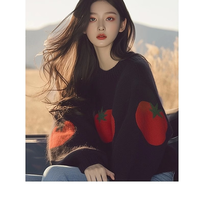 봄 가을 새로운 폭발 맨위 작은 대중 외국 가스 루즈핏 슬림해 보이는 품격 느긋한 바람 검정색 프린트 니트 스웨터 여자