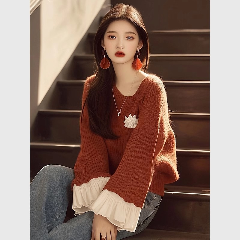 작은 키 느긋한 고급 센스 우유 씽 하는 소리 스웨터 한 부서 루즈핏 레트로 빨간색 연꽃 잎 소매 니트 맨위 봄 가을
