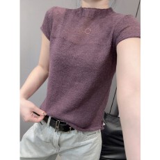 批发半<b class='q'>高领</b>冰丝针织衫短袖女洋气百搭修身<b class='q'>毛衣</b>拼接打底小衫立领上衣夏