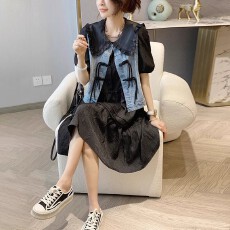 批发<b class='q'>牛仔</b>马甲短袖连衣裙洋气减龄休闲两件套装女2026年夏季新款欧洲站