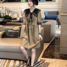 批发卡其色海军领大码<b class='q'>连衣裙</b>女宽松胖mm衬衫A字裙夏季2026新款<b class='q'>欧洲站</b>