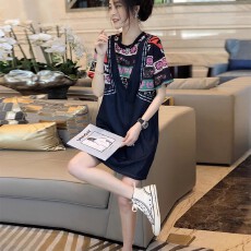 批发短袖宽松休闲假两件复古显瘦直筒<b class='q'>连衣裙</b>子女夏季2026新款<b class='q'>欧洲站</b>货