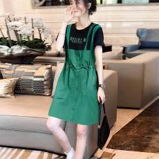 批发绿色假两件收腰<b class='q'>连衣裙</b>女洋气质显瘦短袖直筒裙2026春夏新款<b class='q'>欧洲站</b>