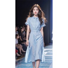 批发多巴胺穿搭法式收腰<b class='q'>长裙</b>高端精致蓝色<b class='q'>棉麻</b>连衣裙子2026新款女夏季