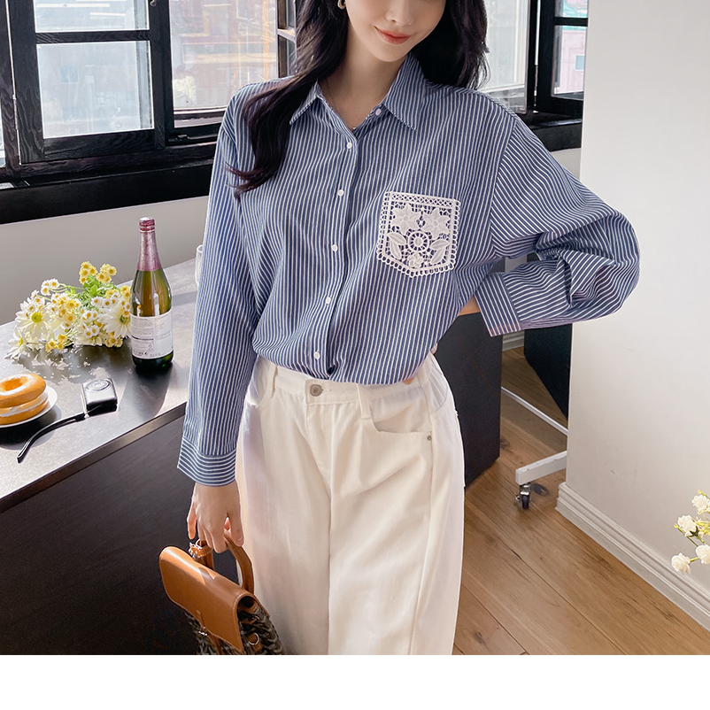 한국 스타일 빅 사이즈 여성 의류 스트라이프 긴팔 셔츠 자수 홀로우 아웃 레이스 주머니 셔츠