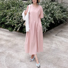 批发韩版简约圆领短袖<b class='q'>连衣裙</b>大码女装时尚宽松长裙口袋