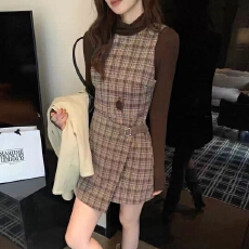 批发SY<b class='q'>欧洲站</b>韩系新款时尚设计感格子无袖背心<b class='q'>连衣裙</b>圆领衫小个子短裙