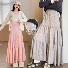 批发孕妇装高腰无托腹可调节垂感a字大摆伞裙毛线针织百褶半身裙