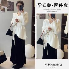 批发现货孕妇装秋冬<b class='q'>不规则</b>白色V领收腰系带毛衣<b class='q'>针织衫</b>+羊绒半身裙套装
