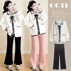 实拍图_孕妇装学院风海军领宽松显瘦针织毛衣开衫+羊绒托腹裤套装