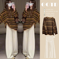 现_孕妇装复古菱格提花宽松慵懒风软糯针织毛衣+羊绒托腹裤套装