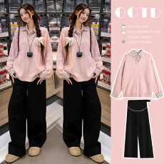 批发现_孕妇装软糯假两件格子拼接针织宽松麻花毛衣+绵羊绒阔腿裤套装