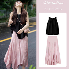 批发现_夏季孕妇装<b class='q'>百搭</b>高腰鱼尾裙黑色无袖上衣+拼接雪纺半身裙套装