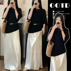 现_孕妇装新款黑色圆领短袖上衣+醋酸轻熟风时尚a字半身裙套装