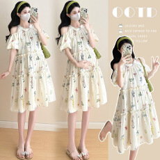 实拍现_孕妇装大码法式圆领泡泡袖碎花裙新款洋气露肩连衣裙