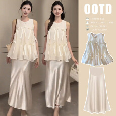 批发现_孕妇装高级感甜美减龄套装女蝴蝶结背心上衣缎面半身裙两件套