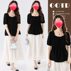 批发现_孕妇装夏季新款黑色法式方领短袖<b class='q'>衬衫</b>+设计感高腰托腹半身裙