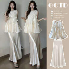 批发现_孕妇装高级感甜美减龄套装女蝴蝶结背心上衣+托腹半身裙<b class='q'>两件套</b>