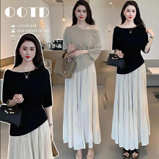 批发现_孕妇装新款法式气质圆领短袖上衣+轻熟风时尚猪鼻扣半身裙<b class='q'>套装</b>