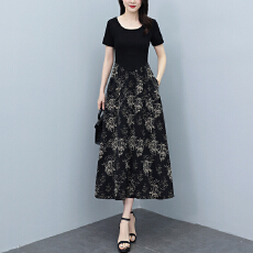 批发时尚气质印花连衣裙拼接圆领棉T恤短袖a字裙女韩版夏季<b class='q'>新款</b>显瘦