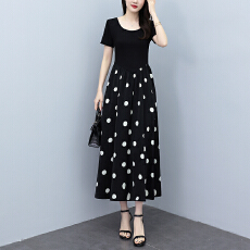批发假两件波点连衣裙女2026夏季<b class='q'>新款</b>流行气质时尚短袖圆领拼接a裙子