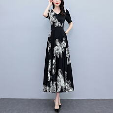 批发2026夏季新款高档印花碎花<b class='q'>连衣裙</b>大码胖mm收腰显瘦遮肚长裙