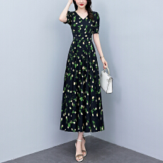 批发2026夏季新款高档印花碎花<b class='q'>连衣裙</b>大码胖mm收腰显瘦遮肚长裙