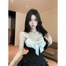 批发实拍法式纯欲黑白撞色蝴蝶结吊带连衣裙收腰显瘦<b class='q'>气质</b>名媛蛋糕短裙