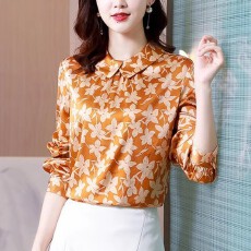 批发杭州新款缎面<b class='q'>真丝</b><b class='q'>衬衫</b>女洋气印花2025秋季高端桑蚕丝时尚长袖上衣