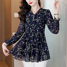 批发实拍今年春季新款碎花<b class='q'>长袖</b>V领雪纺纱宽松显瘦气质女装上衣