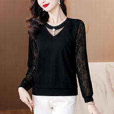 批发实拍春季今年新款蕾丝<b class='q'>长袖</b>圆领小衫宽松显瘦女装