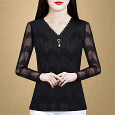 批发今年春季<b class='q'>新款</b>长袖V领蕾丝网纱上衣百搭小衫